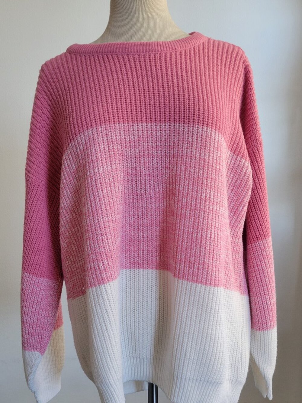 Adele Pink & White Color Block Oversized Long Sleeve Knit Sweater (Size: M)